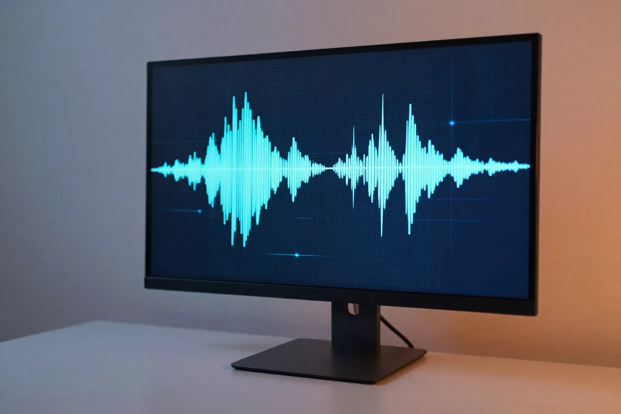 Representacao visual de ondas sonoras sendo processadas por inteligencia artificial