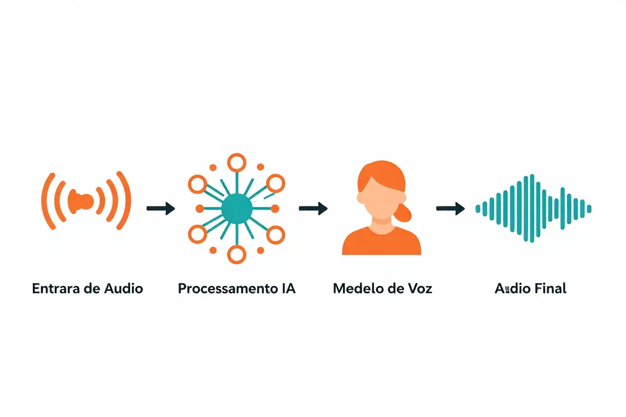Infografico mostrando etapas da clonagem de voz com inteligencia artificial