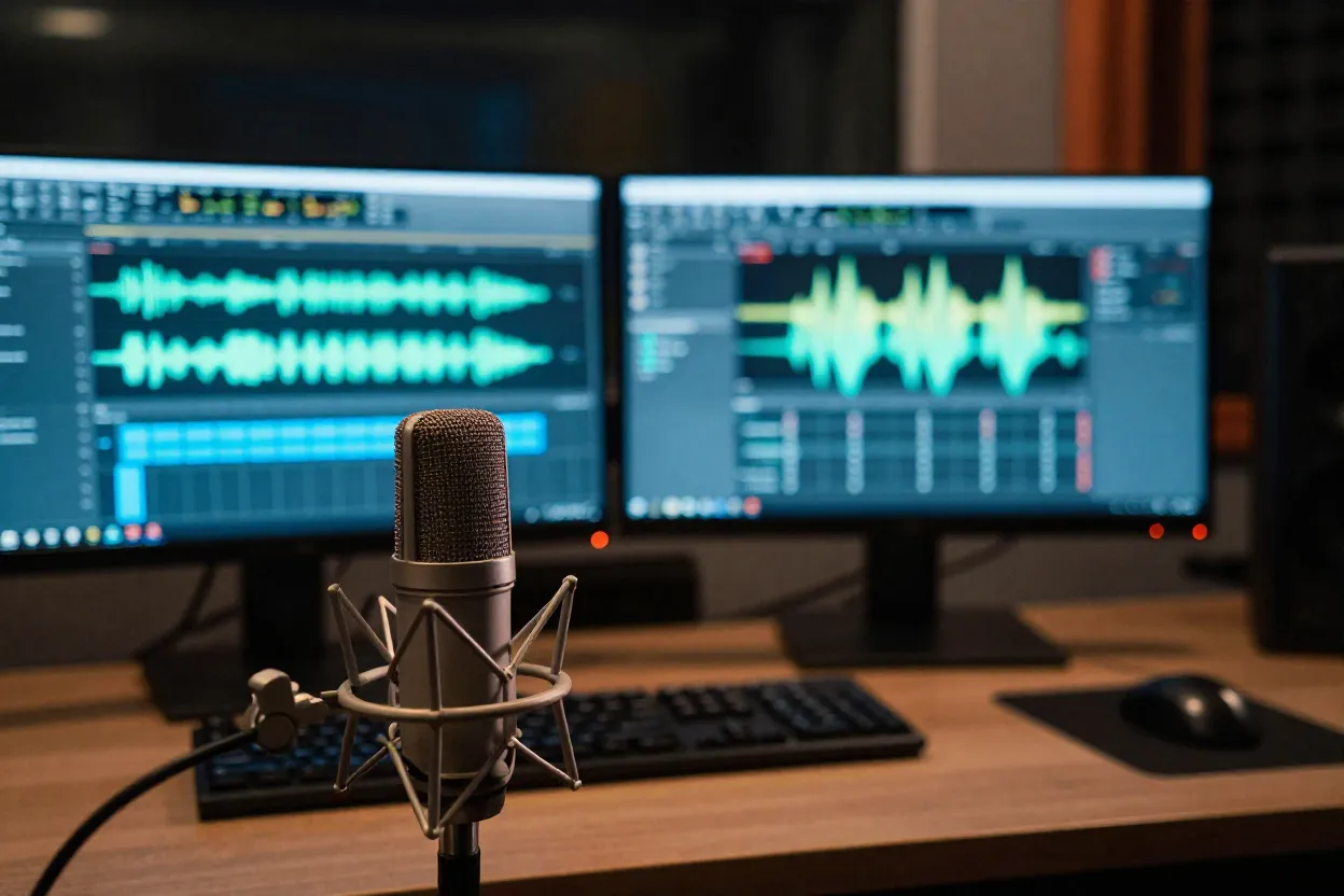 Estudio de gravacao moderno com visualizacao de ondas sonoras e tecnologia ia