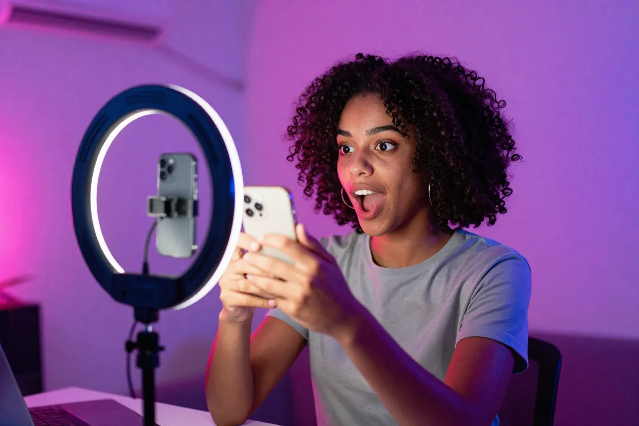 Pessoa criando meme viral em celular com expressao divertida