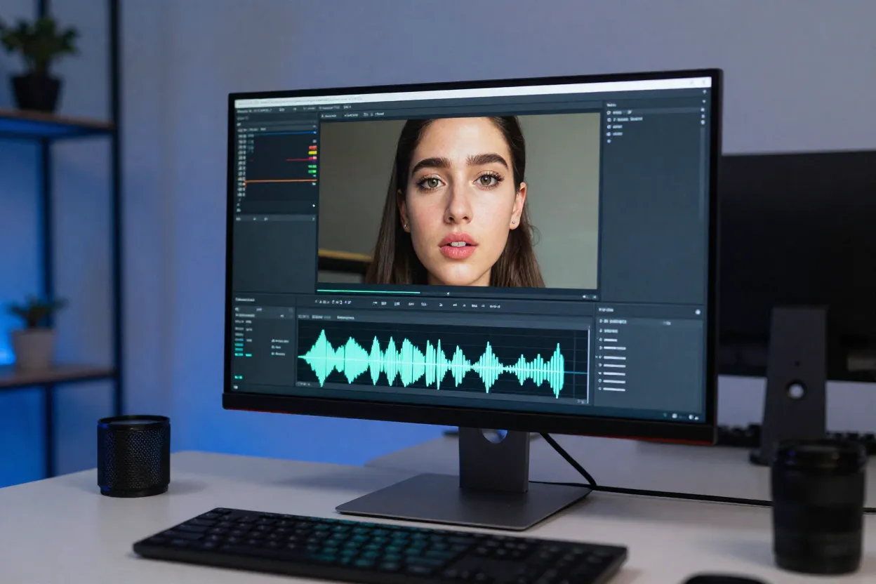 Avatar digital com movimentos labiais sincronizados falando em tela de computador