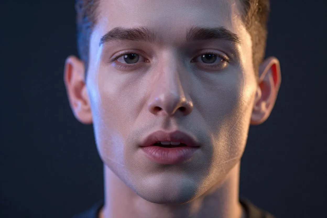 Avatar com movimentos labiais sincronizados em close mostrando detalhes da animacao