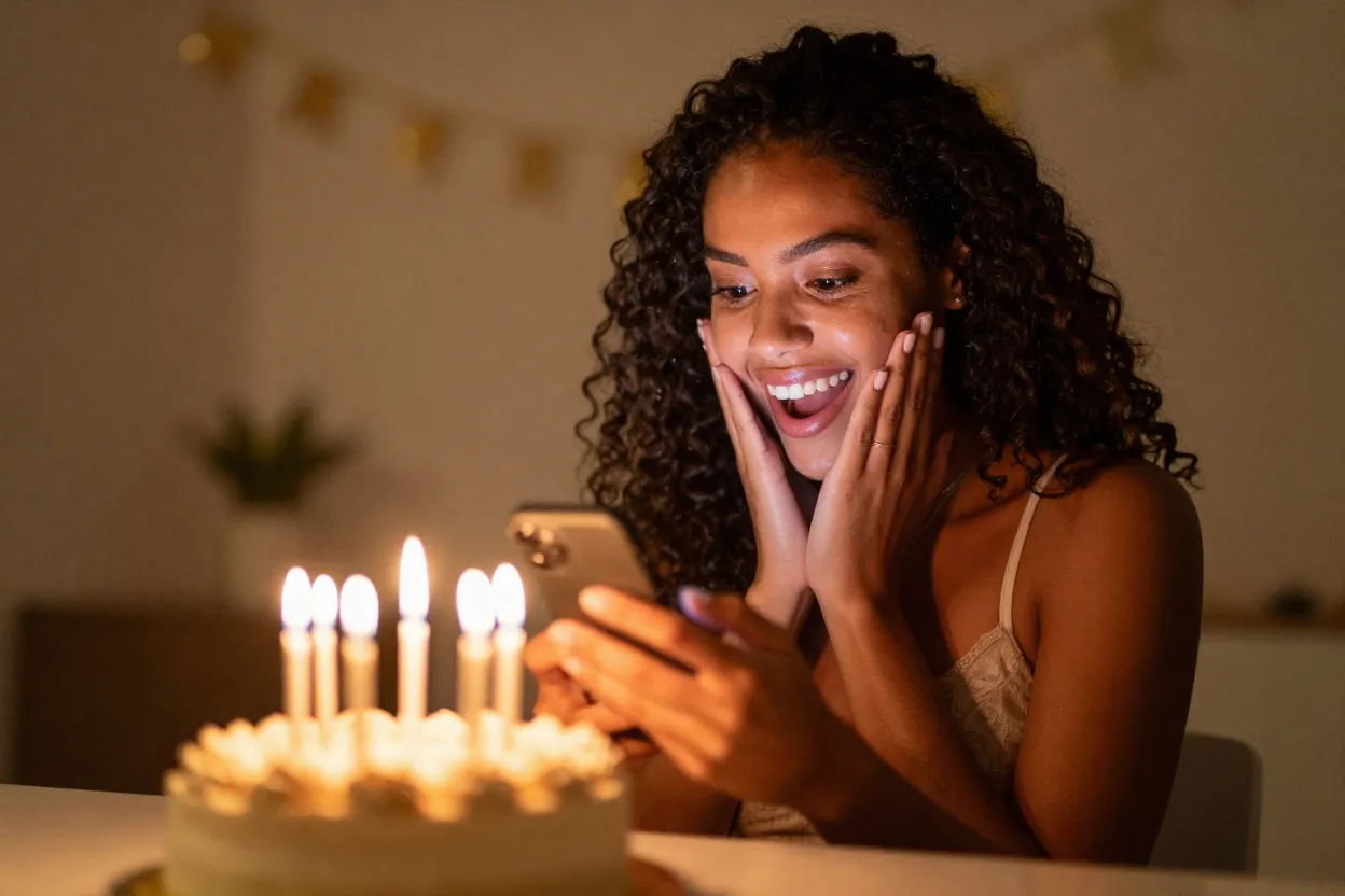 Pessoa sorrindo ao receber mensagem de aniversario engracada no celular com bolo ao fundo
