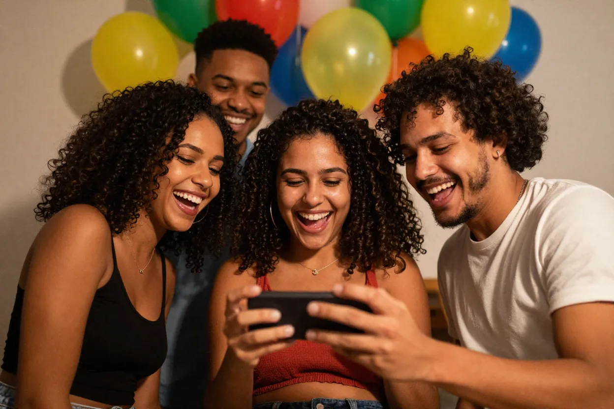 Grupo de amigos rindo ao ver video de aniversario engracado no celular