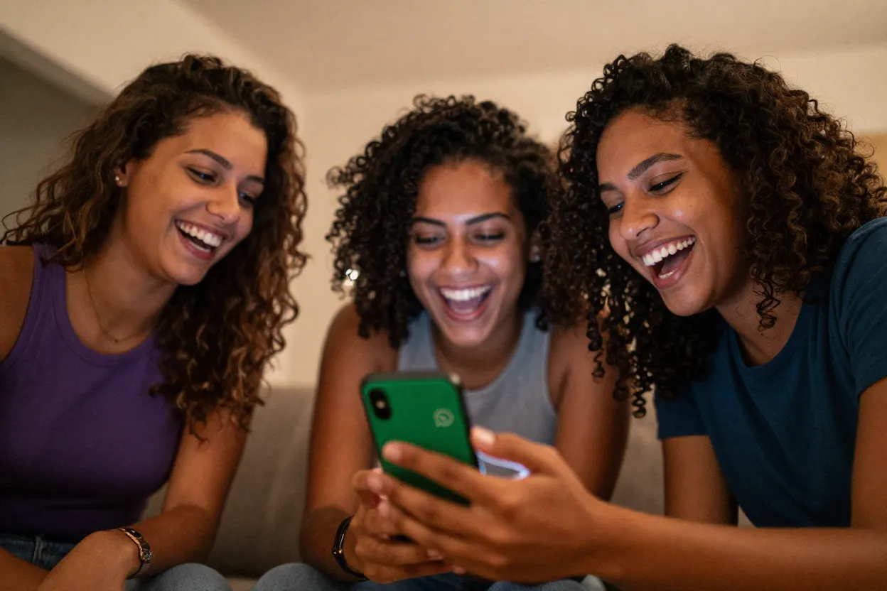 Amigos rindo ao assistir video engracado no celular em conversa de whatsapp