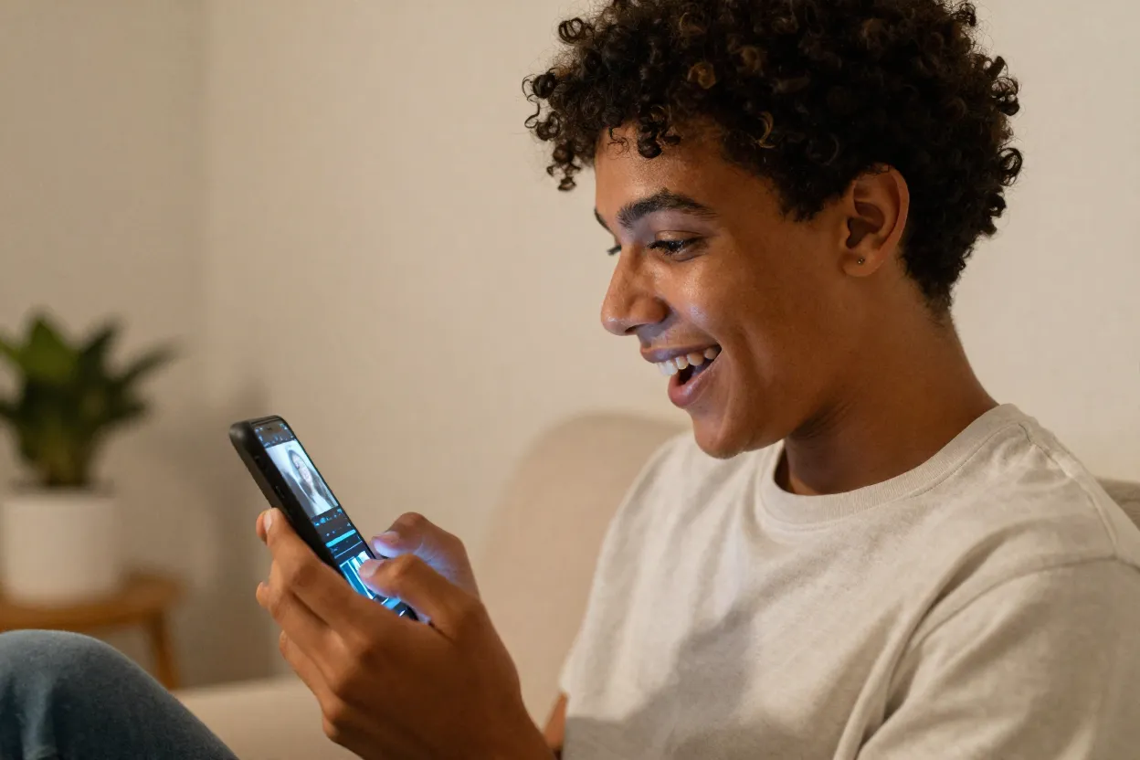 Pessoa sorrindo ao criar video engracado no celular para enviar aos amigos