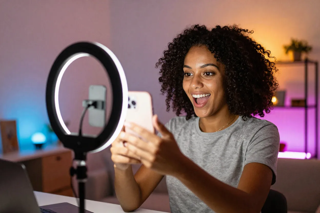 Criador de conteudo gravando video viral com smartphone mostrando celebridades brasileiras