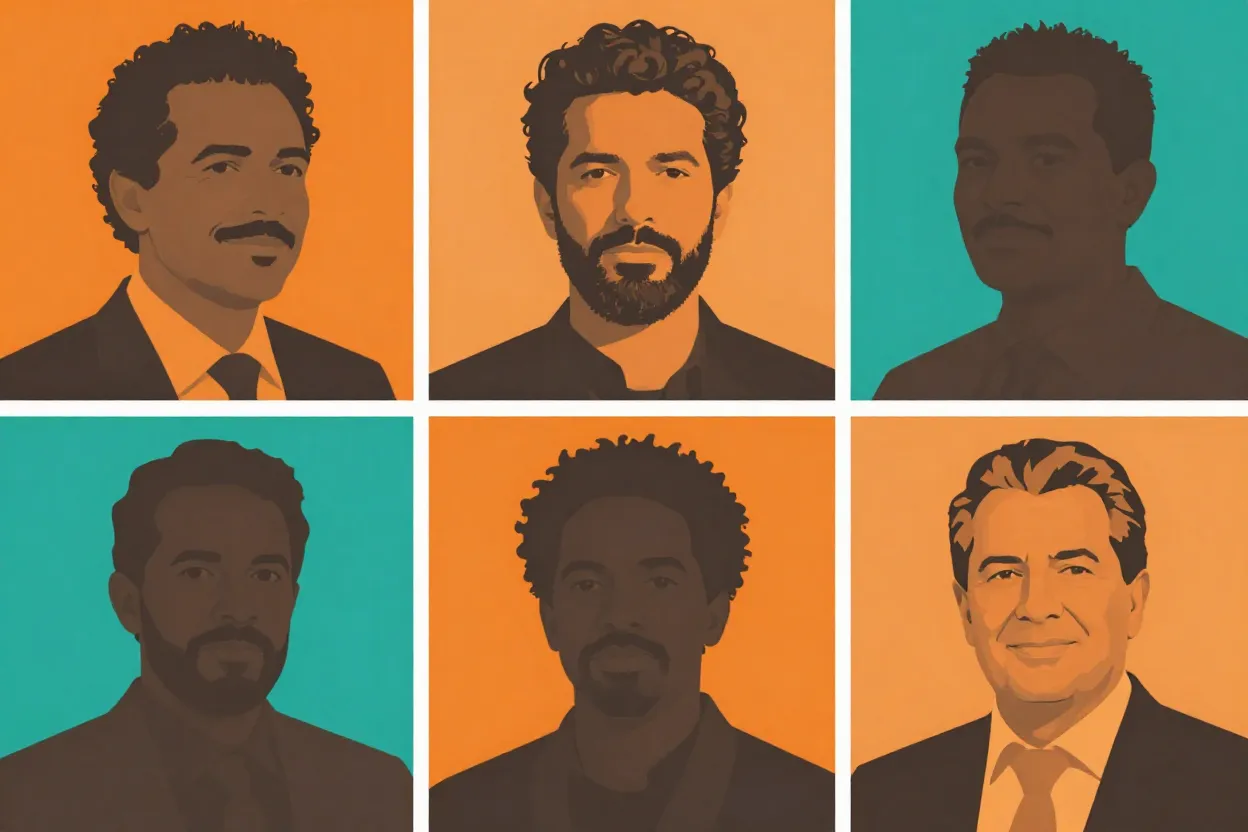 Colagem de rostos de celebridades brasileiras disponiveis para geracao de voz com ia