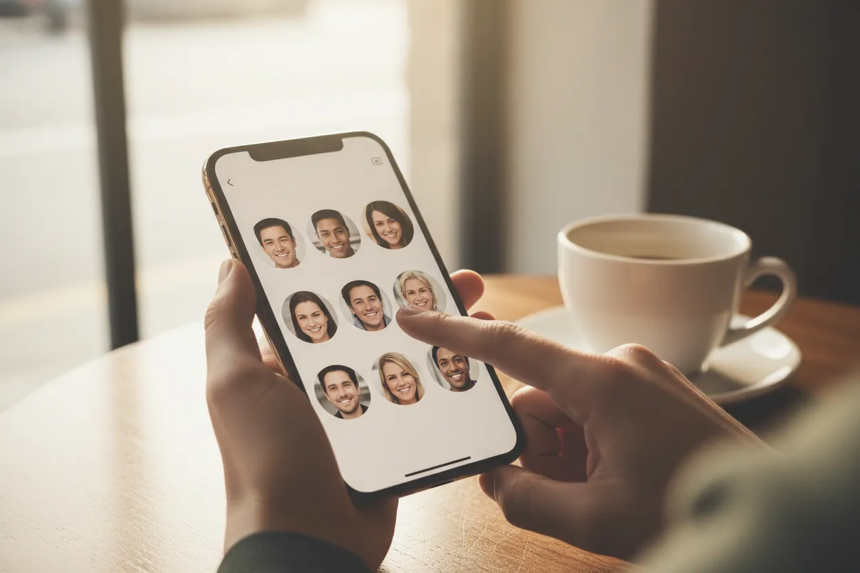 Mãos segurando celular com galeria de vozes de famosos para seleção