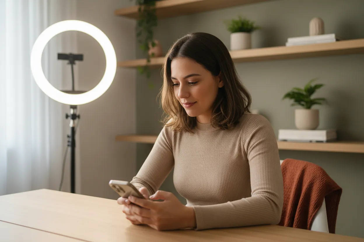 Mulher digitando mensagem personalizada no aplicativo com expressão concentrada