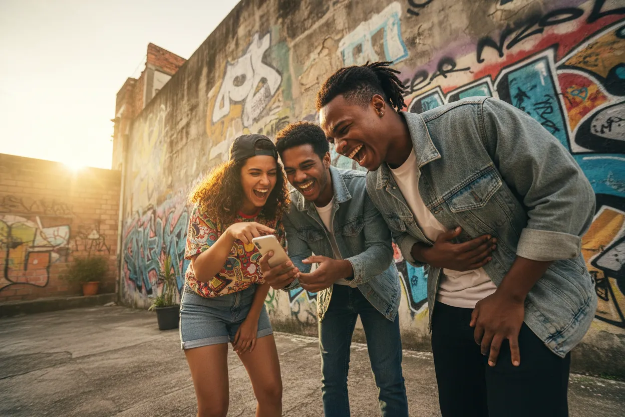 Grupo de amigos rindo juntos assistindo vídeo viral no celular